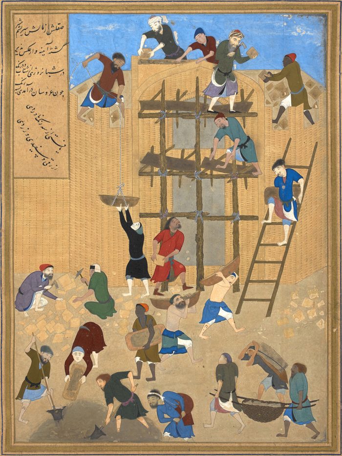 نگارهٔ ساختن کاخ خورنق از کمال‌الدین بهزاد: بنایان بر داربست، آجرکشان و خشت‌زنان — Behzad’s painting of the building of Khavarnaq: masons on scaffolding, brick-carriers and brick-makers
